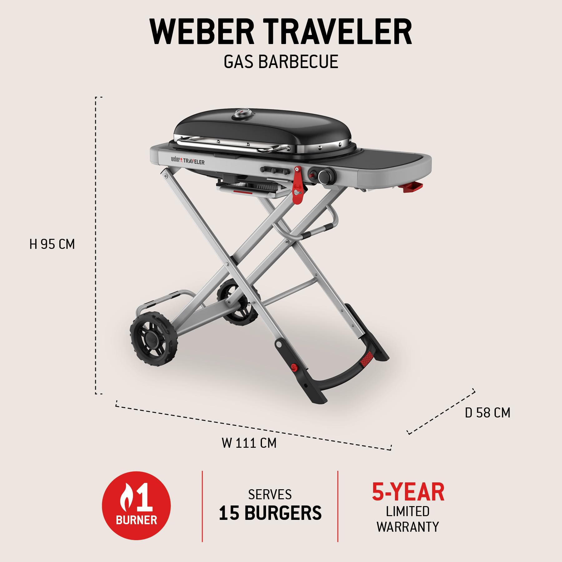 Weber Traveler barbecue à gaz/design pliable et portable avec roues, verrouillage automatique du couvercle et thermomètre intégré, 1 brûleur, largeur 111 cm, surface de cuisson 2065 cm², noir
