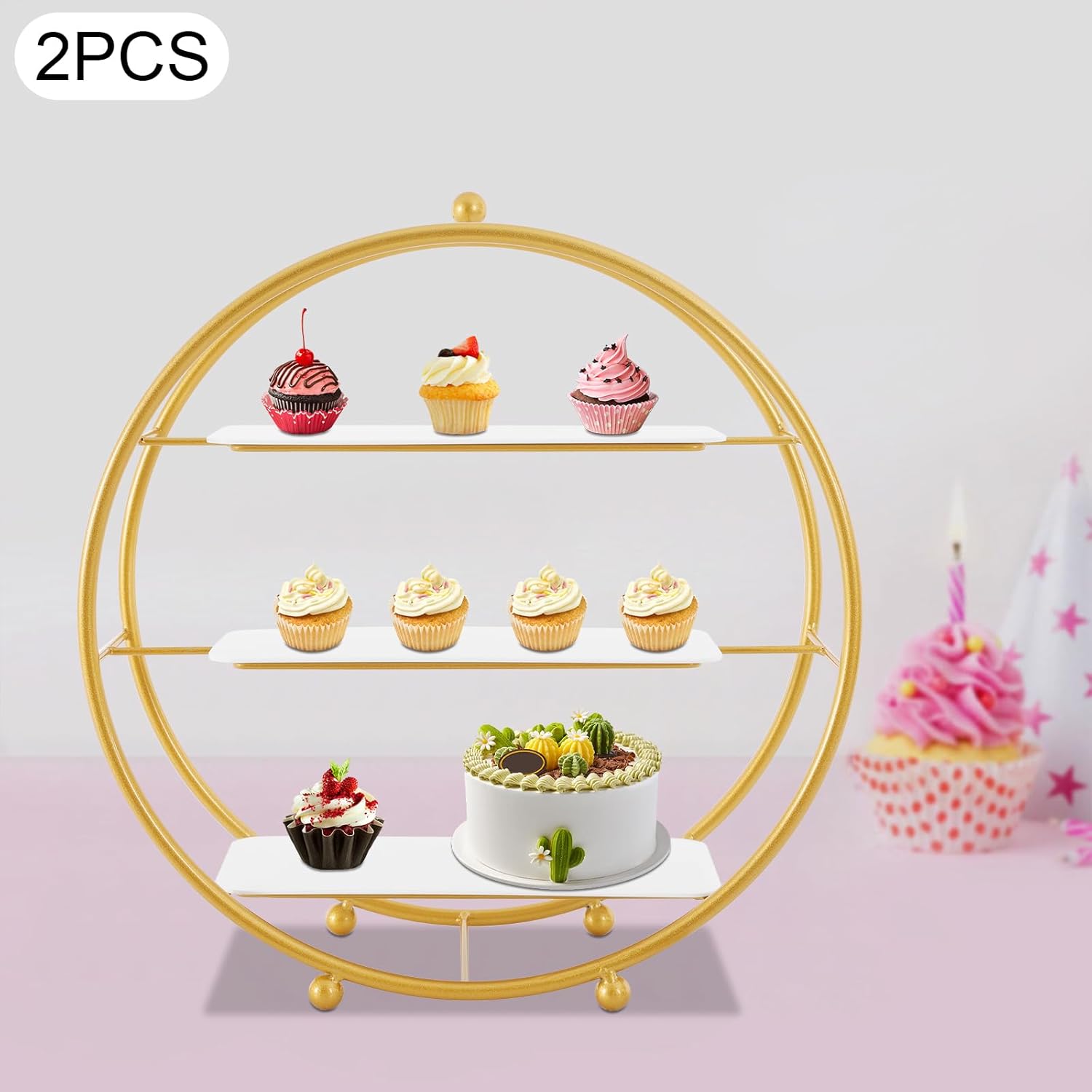 2 Pcs 16.9 Inch Round Gold Tiered Cupcake Stand, 3 Tier Cupcake Holder Stand, Dessert Stand for Party Wedding Birthday Anniverary