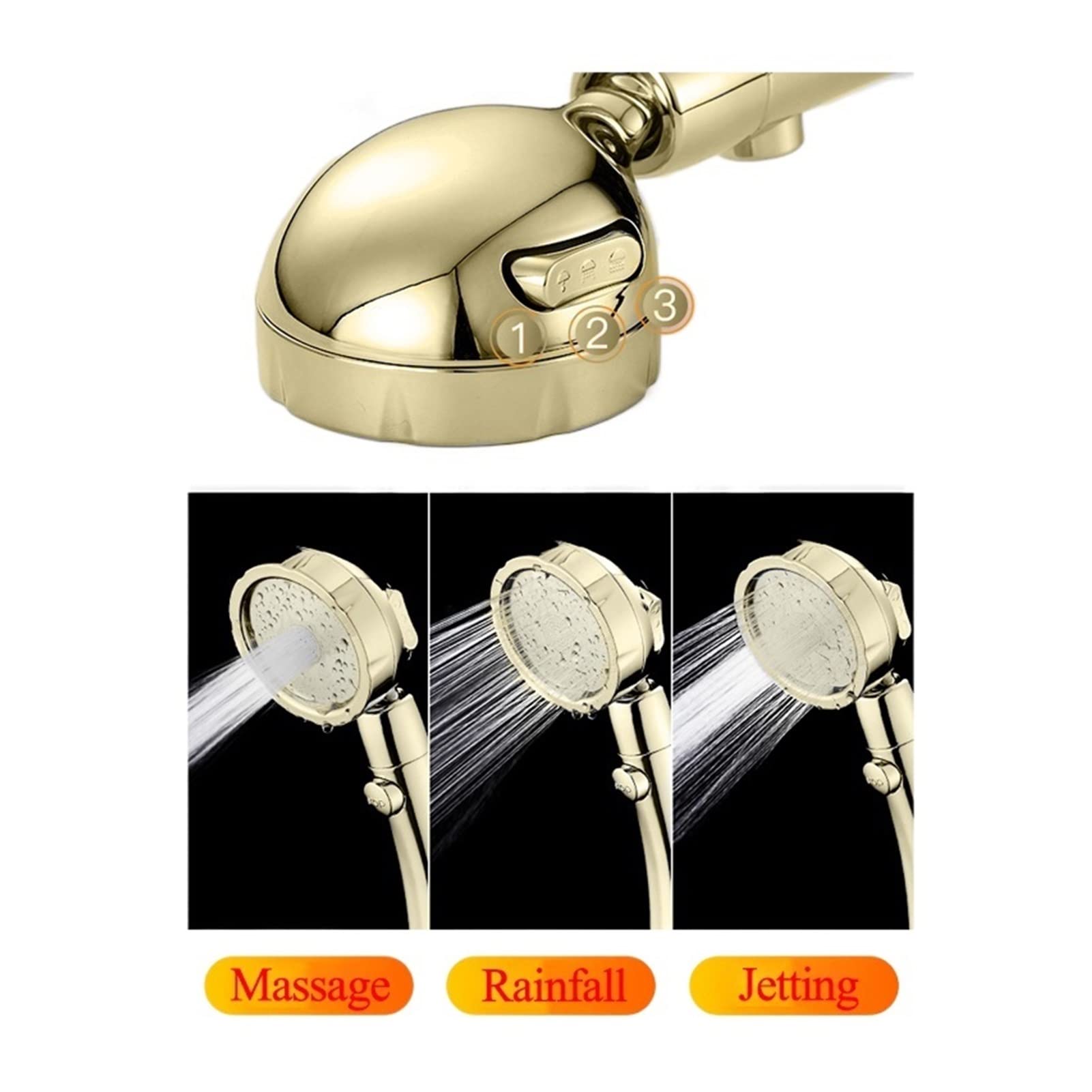 INEOUT Oro Abbagliante 3 modalità di Regolazione Il Soffione Doccia Ruota Il Pulsante di Arresto Ad Alta Pressione for Risparmiare Acqua Placcatura Cromata Dorata (Color : Shower And Hose)