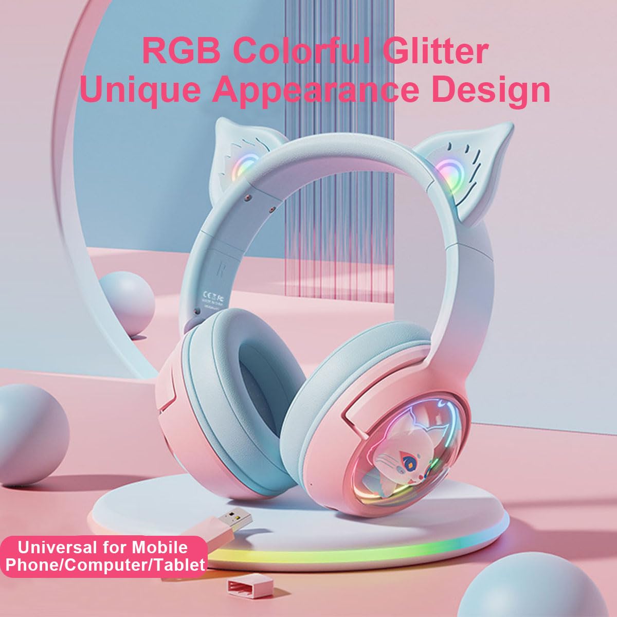 Casque Bluetooth sans Fil avec Oreilles de Chat - avec Microphone - avec lumière LED RVB - 2,4 GHz - USB-avec Oreilles de Chat - Son stéréo HD - pour PC, TV, Tablette