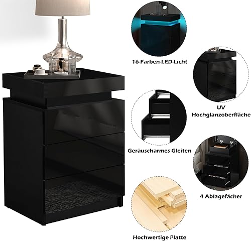 Miniatura 7 de TUKAILAi Moderna mesita de noche con luz LED, armario de noche de alto brillo con 3 cajones y almacenamiento superior, cómoda para dormitorio, sala