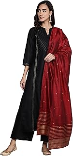 Libas Womens Solid Cotton Straight Kurta With Palazzos and Dupatta