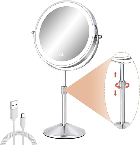 Makeup Mirror with Lights and Magnification, 8" Adjustable Height 1X10X Magnifying Mirror with Light, LED 360 Rotation Touch Screen Vanity Mirror,