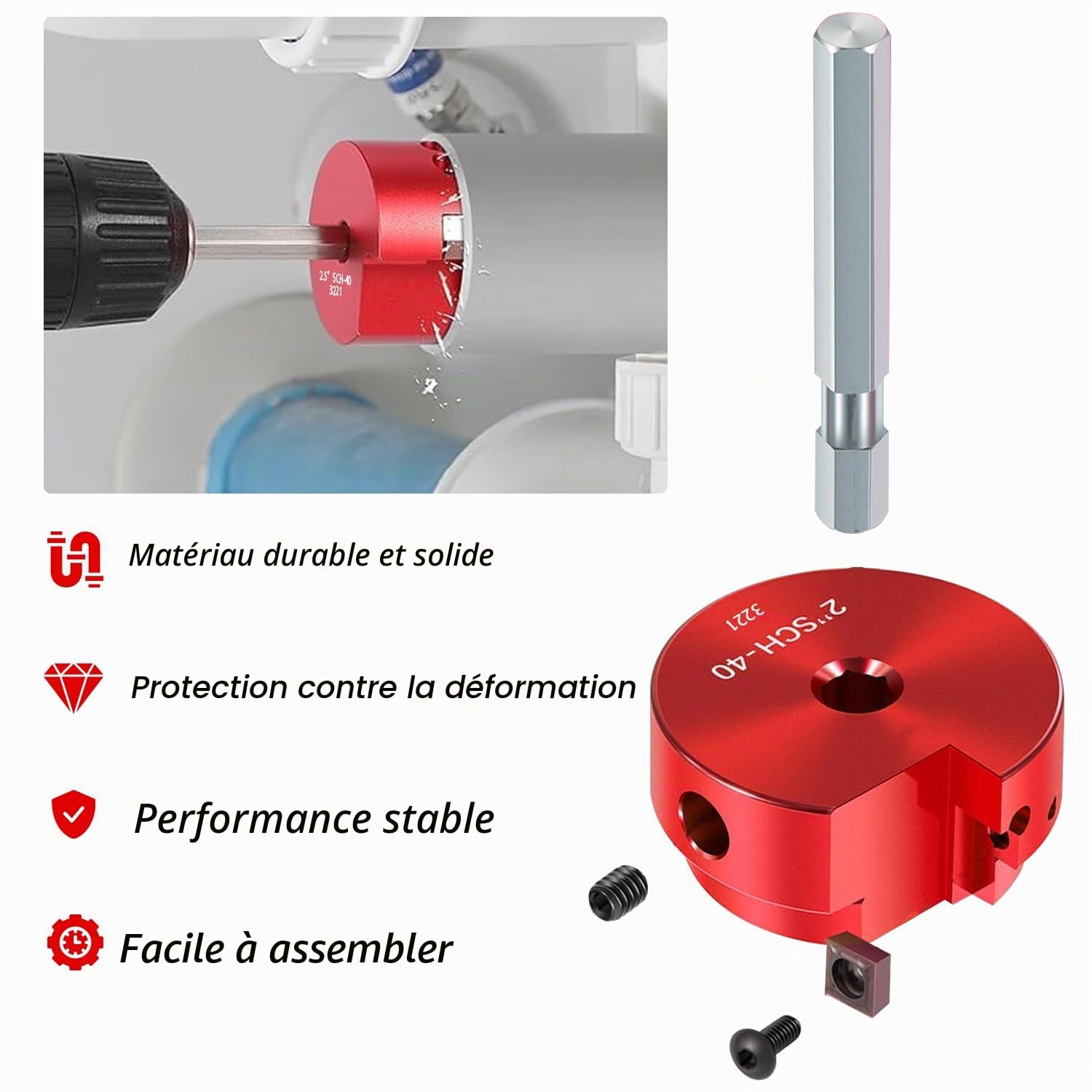 Kit d'alésoir pour tuyau PVC 9 pièces pour perceuses de 1/2" - Alésoir à coupe intérieure de 1/2", 3/4", 1", 1-1/4", 1-1/2", 2", 2,5", 3", 4" pour PVC, CPVC, ABS, conduits et tuyauterie industrielle