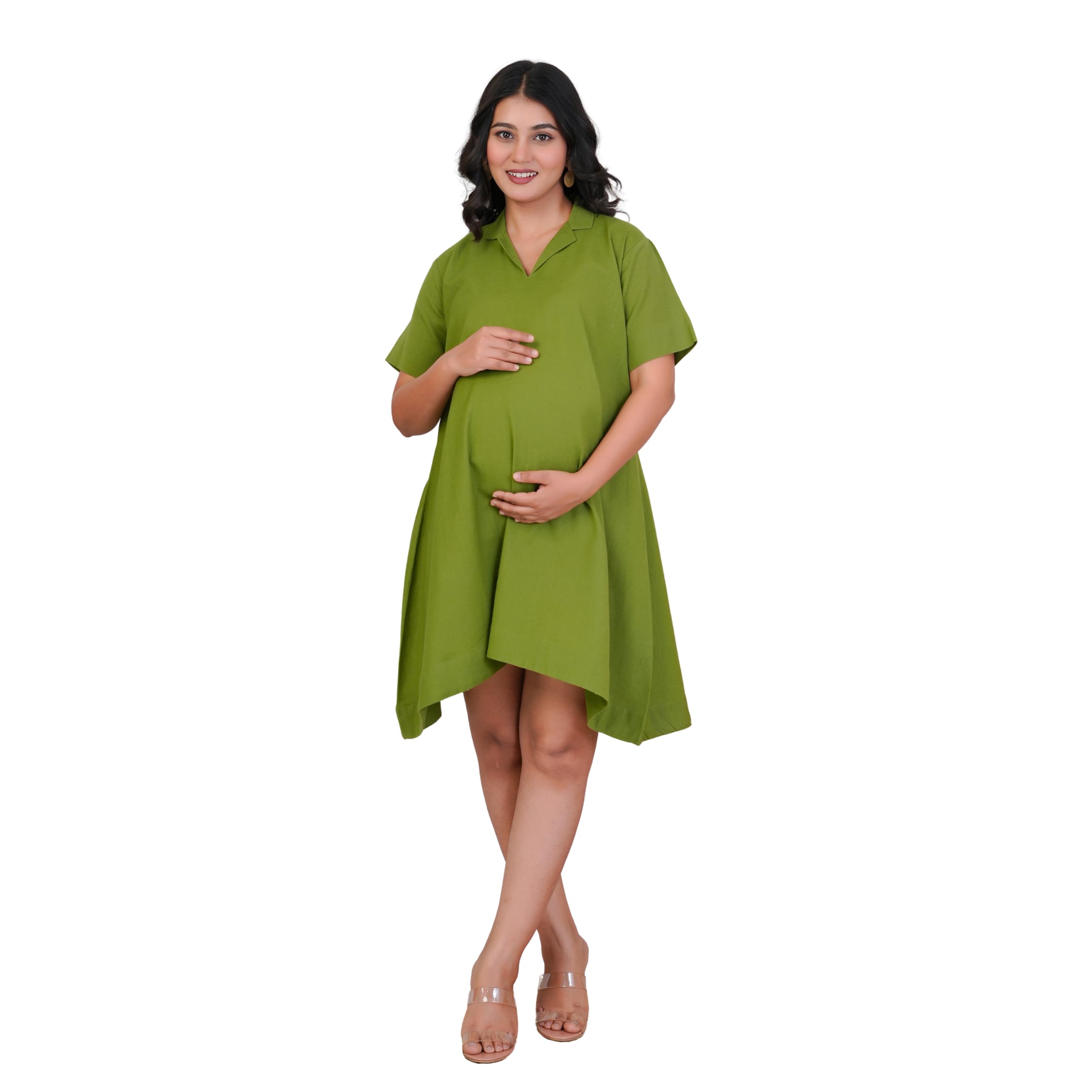 bumpberry Women's Oversized Long Shirt Dress, Green, V-Neck, Short Sleeves, Maternity Friendly, Flowy Flare Hem-picture-10