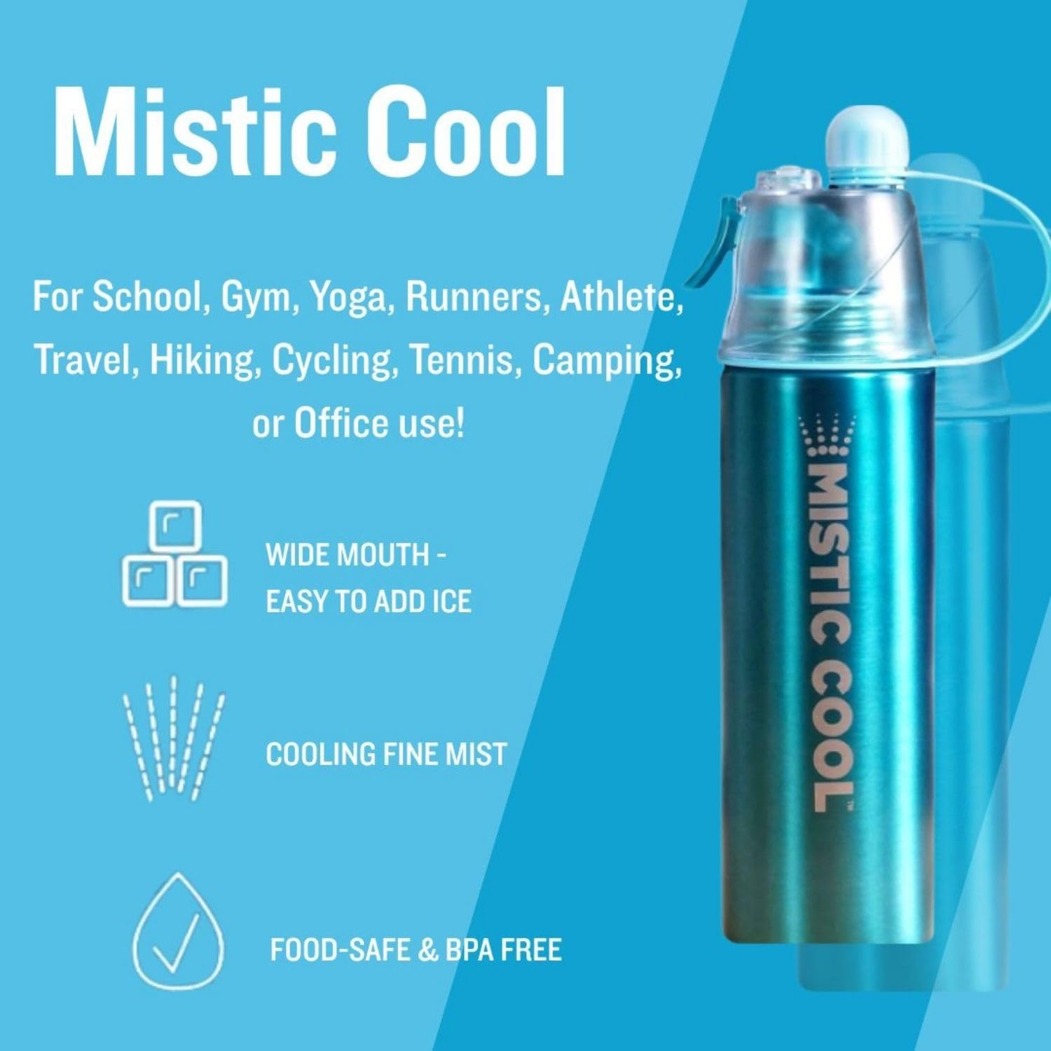 MISTIC COOL Aluminium-Sport-Wasserflasche mit Sprühnebel, BPA-frei, tragbare Sprühflasche für Workout und Laufen, 680 ml, 2 Stück