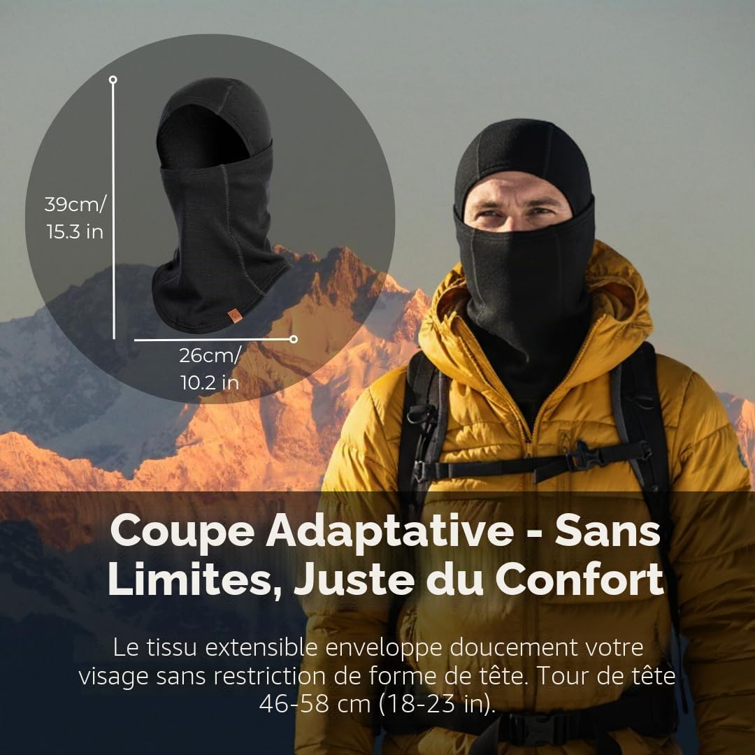 menique Cagoule 100 % mérinos pour homme - Double couche - Sans coutures - Masque de ski chaud et masque de moto - En laine - Accessoire de ski thermique pour le sport et l'extérieur - Protection UV