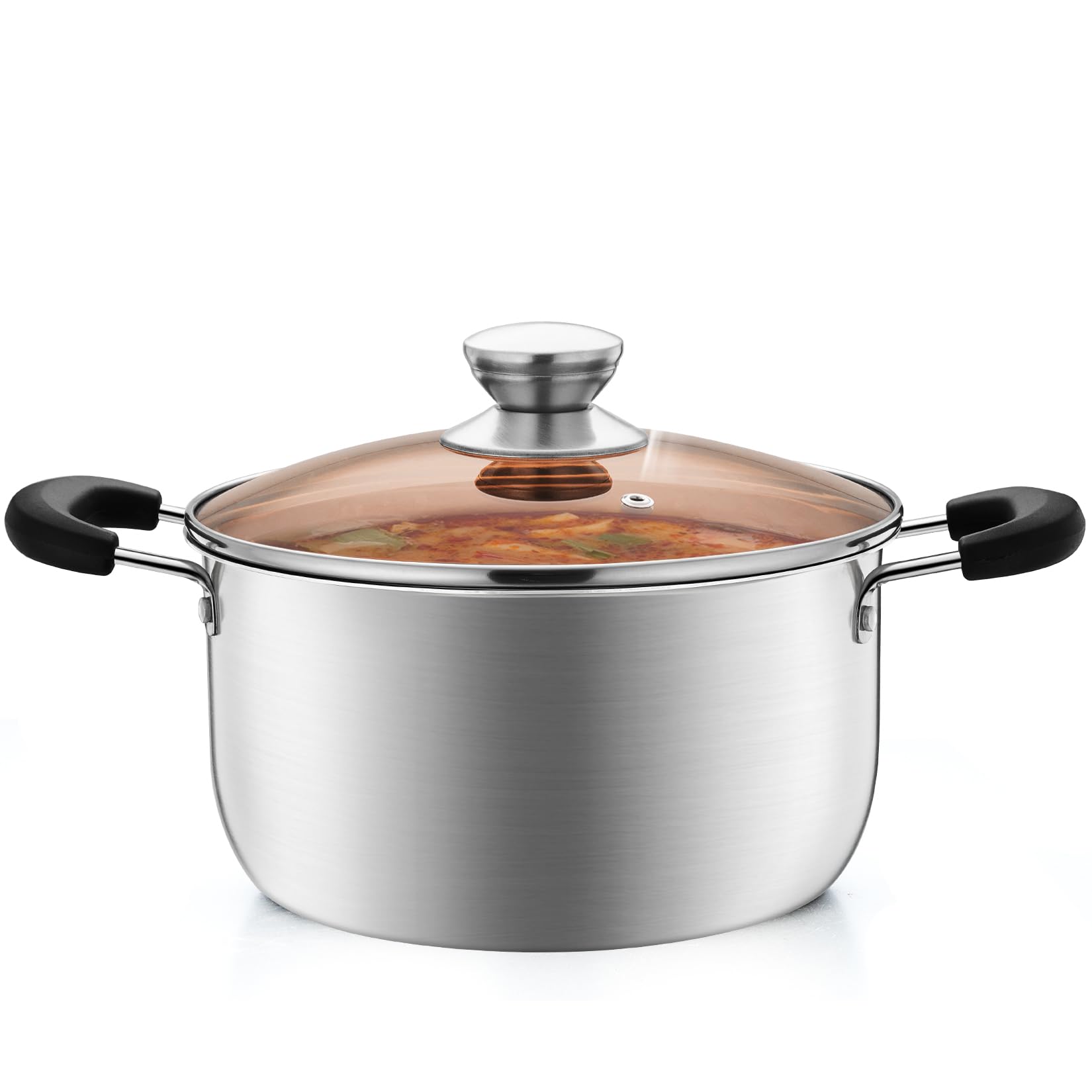P&P CHEF 4 Qt Stockpot with Lid, Stainless Steel Cooking Stock Pot for Soup, Heat-Proof Double Handles with Visible Lid, Dishwasher Safe & Healthy, 1-Ply Metal