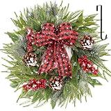 WellSign 24 Inch Christmas Wreath for Front Door, Large Christmas Real Touch Door Wreath with Red Bow and Hangers, Green Pine Xmas Wreath for Window Wall Fireplaces Porch Indoor Outdoor Home Decor
