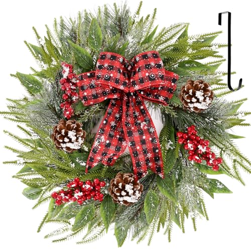 WellSign 24 Inch Christmas Wreath for Front Door, Large Christmas Real Touch Door Wreath with Red Bow and Hangers, Green Pine Xmas Wreath for Window Wall Fireplaces Porch Indoor Outdoor Home Decor
