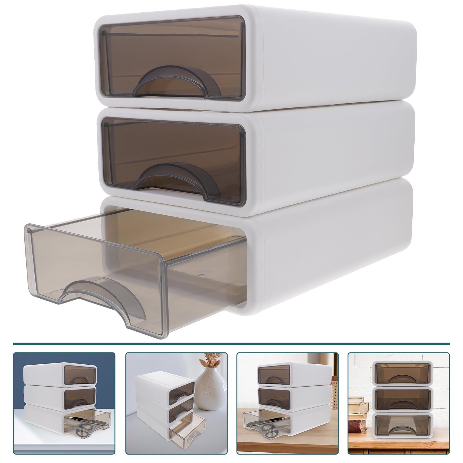 Organizador Apilable de Escritorio de 3 Piezas Caja de Plástico Multifuncional para Maquillaje y Oficina, Compacto y Fácil de Limpiar