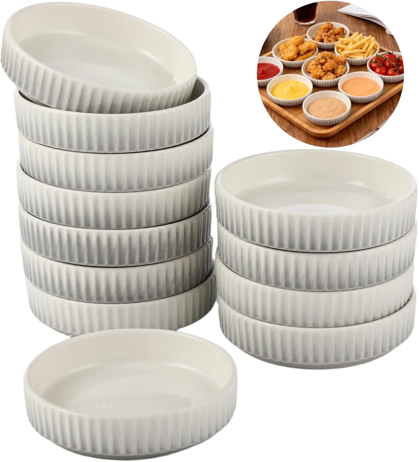 12 Pcs Ceramic Dipping Bowls, 3.5oz Gray Dipping Sauce Dish Set, Soy Sauce Dish, Microwave Dishwasher Freezer Safe Ramekins for Condiments Snacks Spices Desserts Side Dish, 3.7Inch