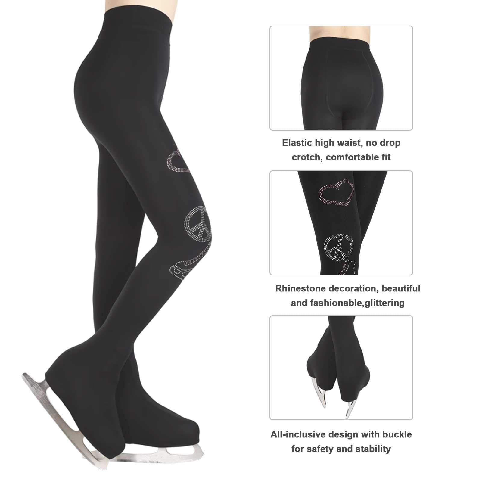 Pantalon de Patinage Artistique Brillants pour Enfant et Adulte, Legging Collants avec Doublure Polaire, avec Double Boucles et Cristal Scintillant