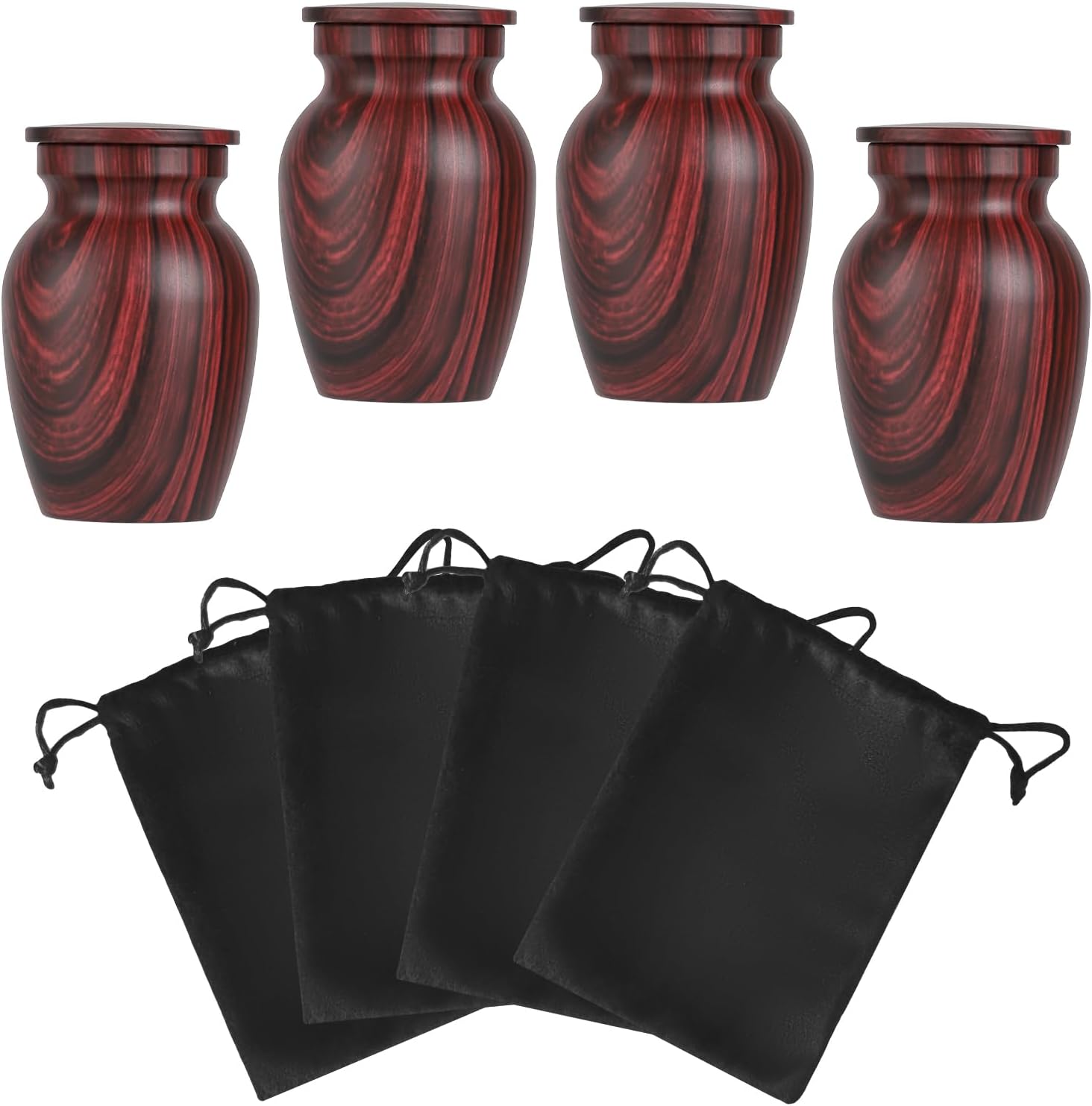 Small Urns for Human Ashes, Red Rosewood Grain Finish Metal Keepsake Mini Urn Set of 4, Handcrafted Sharing Memorial Decorative Urn - Recycled Cast Aluminum
