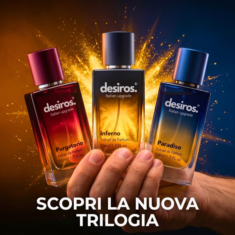 Desiros Inferno - Estratto di Profumo Uomo Italiano Seducente a Lunga Durata Intenso Elixir - Perfume di Marca - Parfum con Note Agrumate, Fresche, Legnose - 25% di Oli Essenziali - Regalo Uomo - 50ml