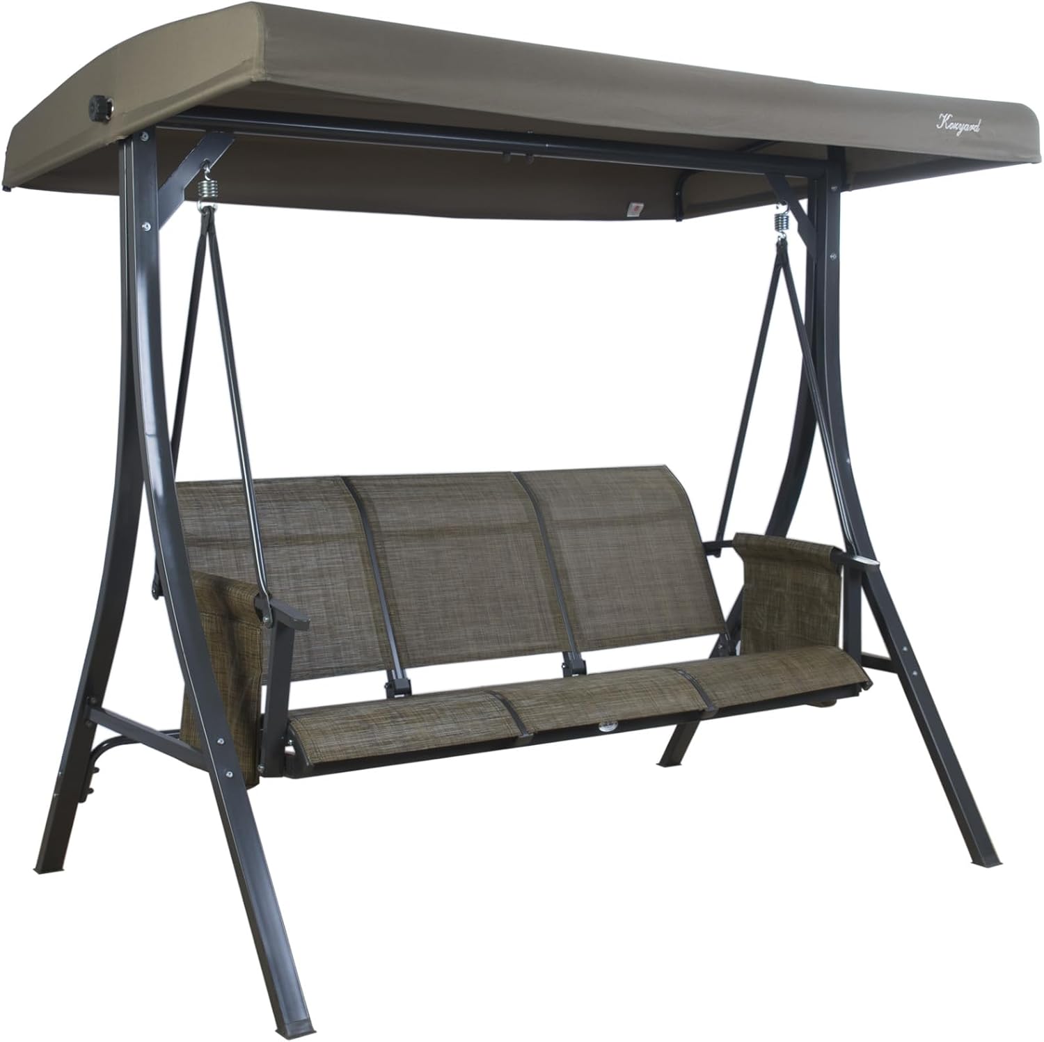 Kozyard Brenda 3-Seat Outdoor Porch Swing Glider, Patio Swing with Adjustable Canopy, Steel Frame, Breathable Textilene Seat & Back, Side Pockets (Taupe)