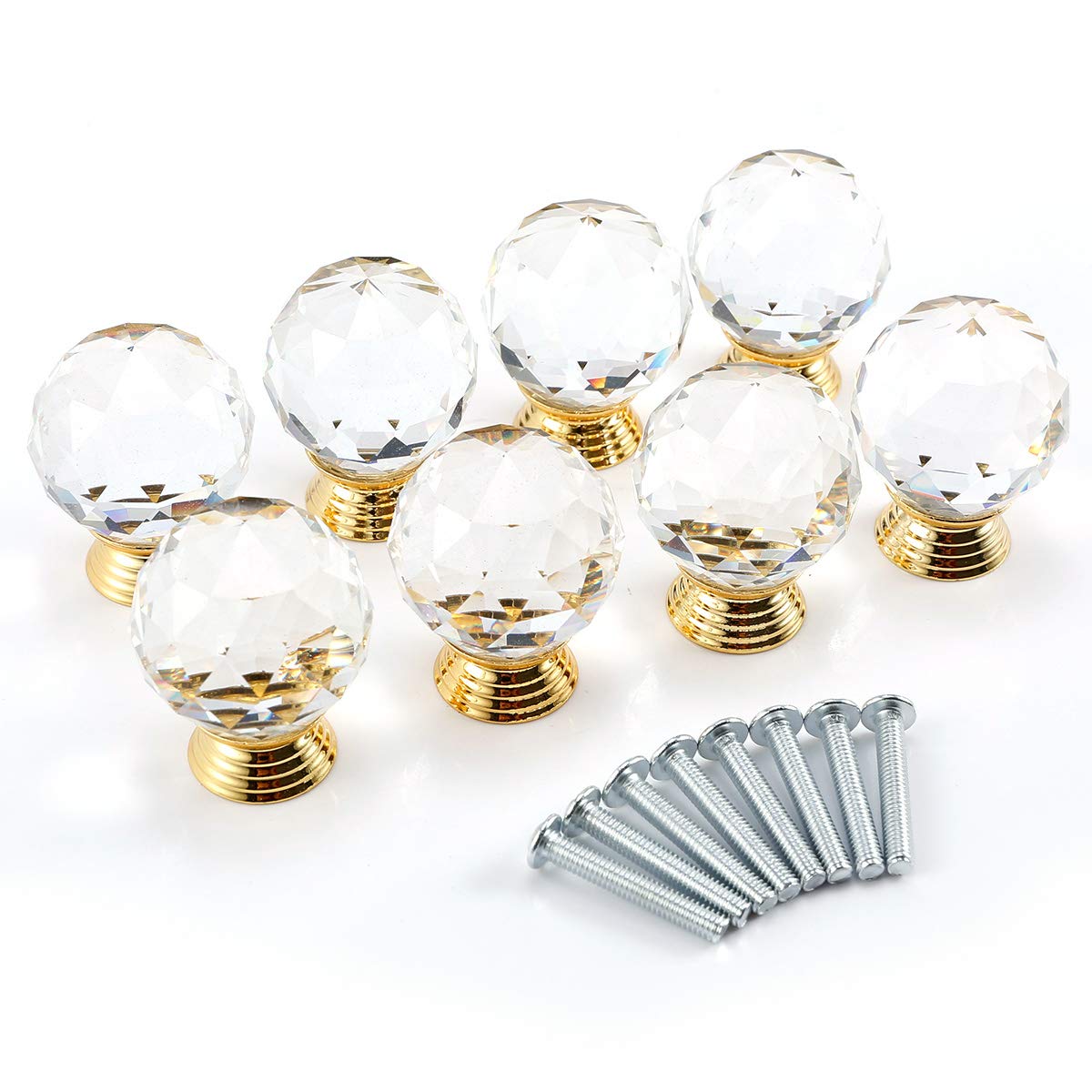 SurePromise 8pcs Crystal Clear Cut Door Knobs 30mm Kitchen Cabinet Drawer Handle + Screws
