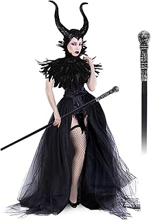 UQJE Black Gothic Witch Costume Raven Costume Halloween Feather Shawl Mesh Cape with Horns Set