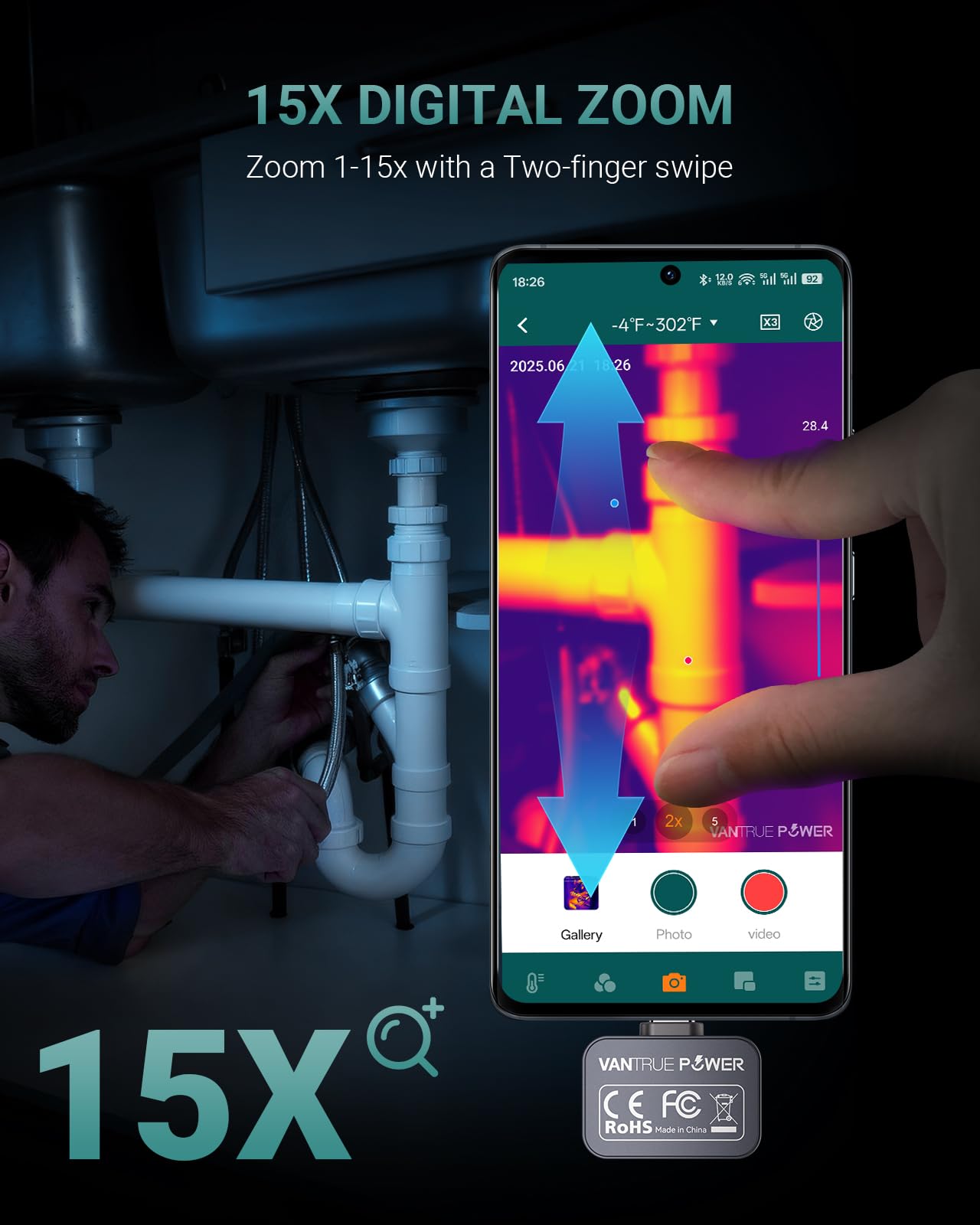 VANTRUE POWER TS1 Minie kamera termowizyjna dla Androida, wzmocnienie obrazu SuperIR, 25Hz, dla telefonów/tabletów, USB-C (dla Androida)