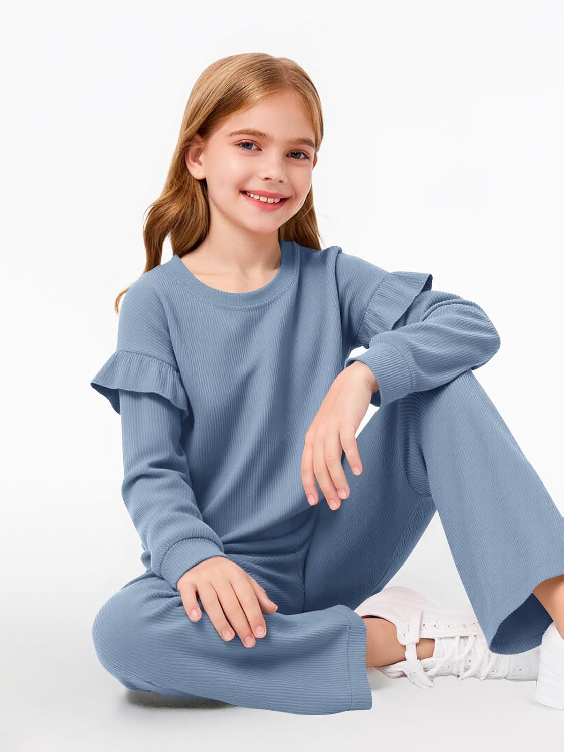Yousify Girls 2 Piece Outfits Kids Casual Ribbed Knit Long Sleeve Shirts and Flare Pants Clothing Sets 5-14 Years - Image 5