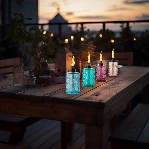 Miniatura 7 de Paquete de 4 antorchas de cristal Tesrago, de citronela para exterior, con mecha y tapa, linterna de llama recargable, linterna decorativa de mesa