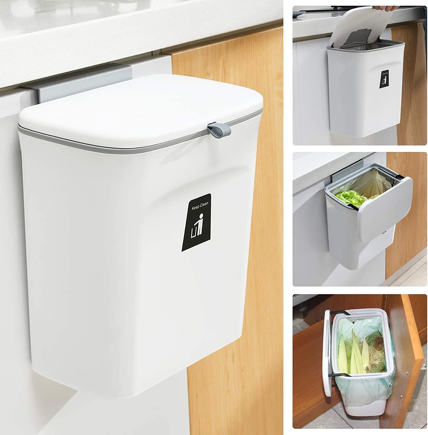 Kitchen Trash Can for Countertop or Under Sink, Mountable Indoor Composter,Hanging Small Trash Can with Lid for Cabinets/Bathroom/Bedroom/Office/Camping, 2.4 Gallon (White)