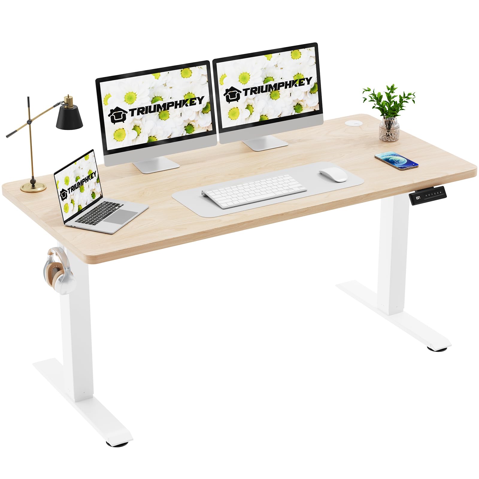 TRIUMPHKEY 140x60cm Escritorio Elevable con Tablero Entero, Mesa Altura Ajustable con Panel Control con 4 Funciones Memoria,Escritorio de Gancho y Gestión de Cables para Oficina y Hogar Roble