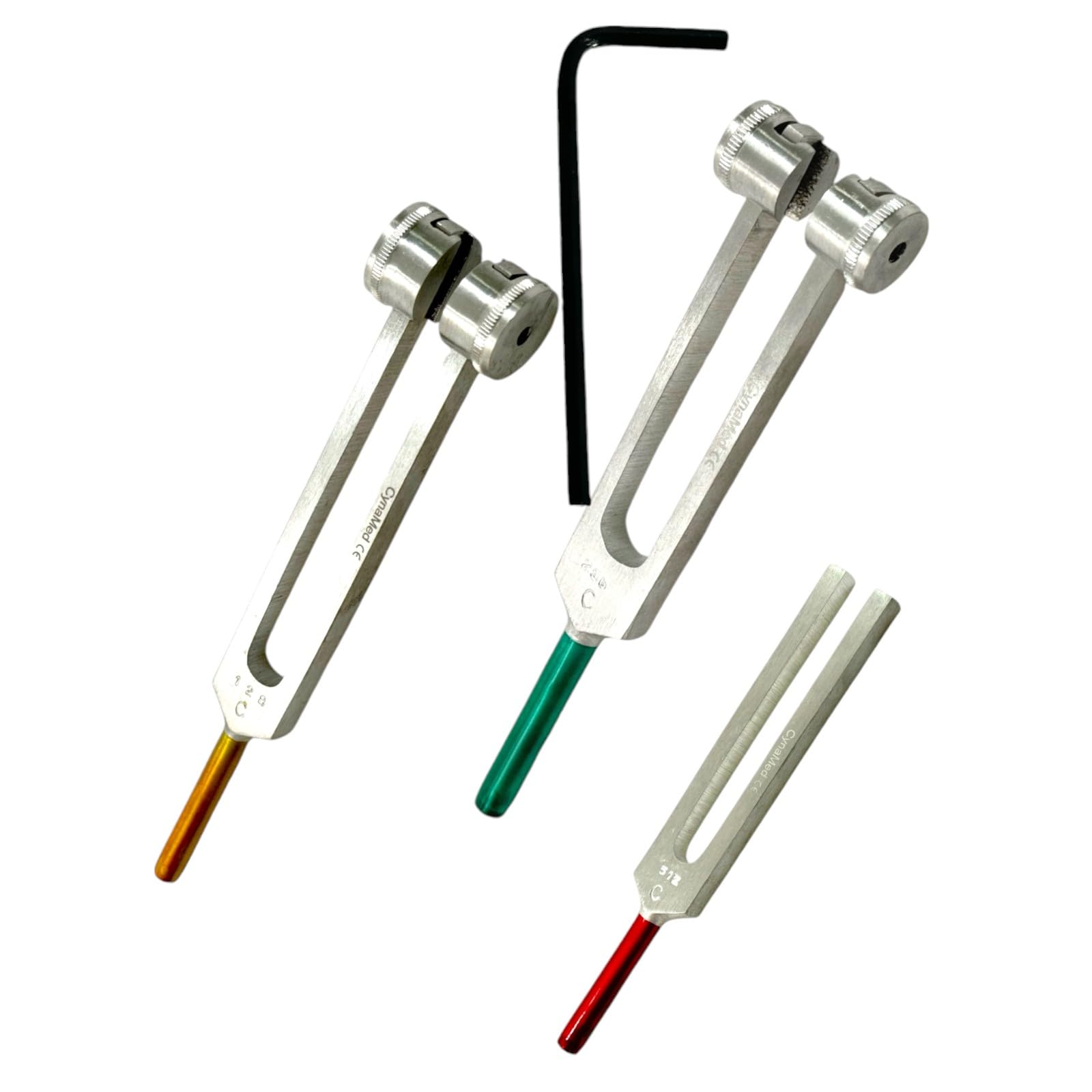 Tuning Forks with Removable Weights and L-Shape Hex Key | C-128 Hz, C-256 Hz, C-512 Hz - Non-Magnetic Forks - Color-Coded