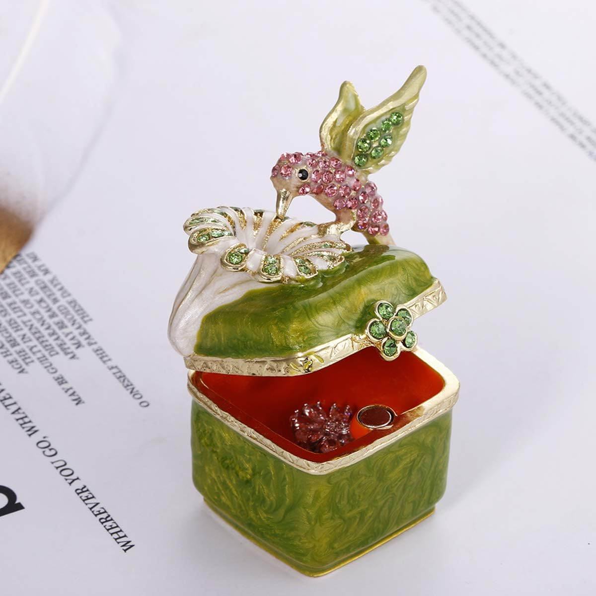 Hand Painted Enamel Hinged Trinket Box, Unique Mini Ring Necklace Jewelry Organizer, Classical Antique Bejeweled Storage, Figurine Collectible Keepsake Home Decor (Hummingbird on Box) - Image 3