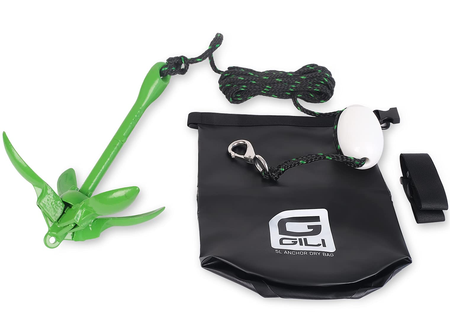 GILI Kayak Anchor and Paddle Board Anchor Kit, 3.5 lb Folding Anchor with 40-ft Rope and 5L Storage Bag, Grapnel Anchor Kit for Kayaks, Canoes, Small Boats, Fishing, Paddle Boards (SUP) Green