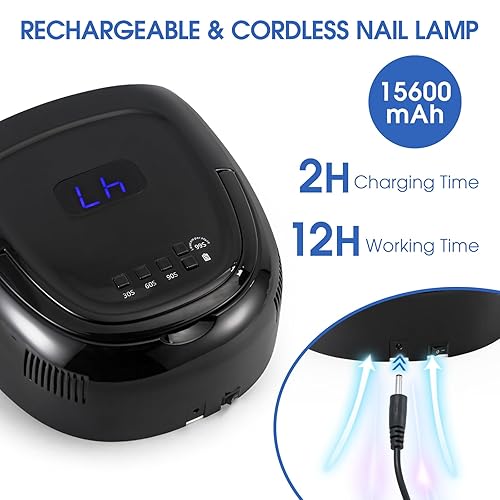 Miniatura 5 de Lámpara de uñas LED UV recargable, secadora de uñas inalámbrica de 60 W, luz LED de esmalte de gel con pantalla LCD, sensor automático y 4 ajustes