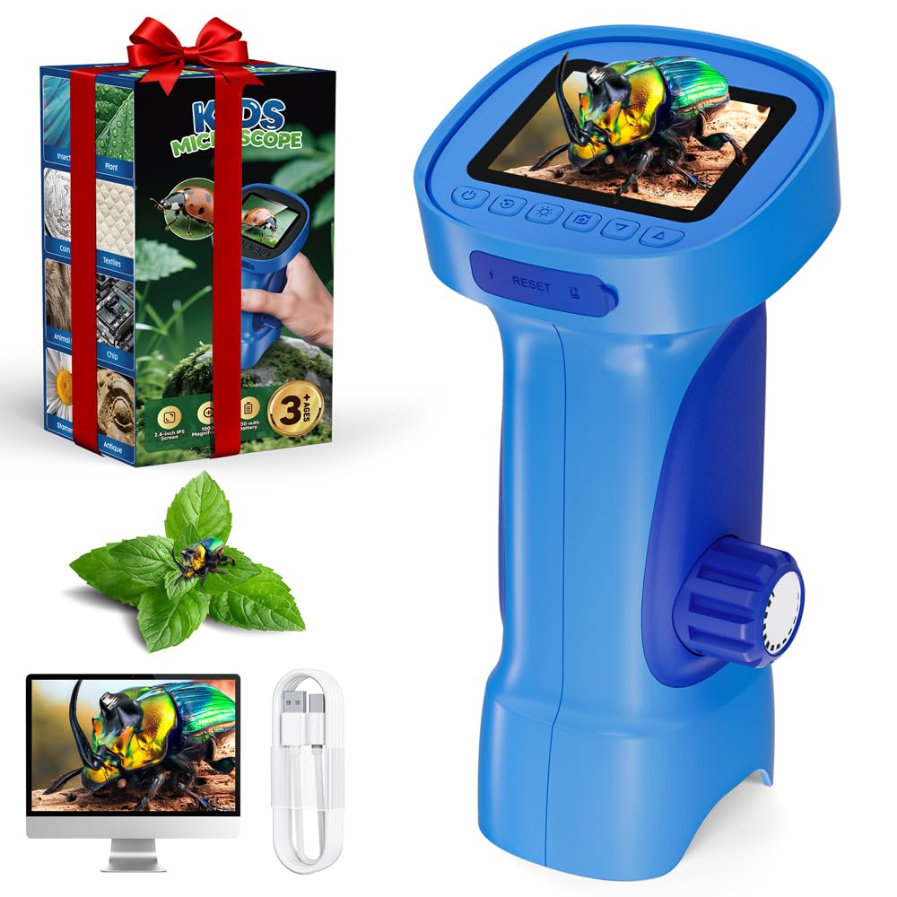 1000X Microscopio Bambini, Temodu Microscopio Digitale Bambini da 2.4‘’, con 8 luci LED Regolabili, può essere utilizzato come regalo di compleanno o di Natale 3 agli (Blue)