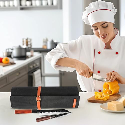 Miniatura 7 de Manjushri Cuchillo de chef con 9 bolsillos de lona con cinturón de cuero auténtico.