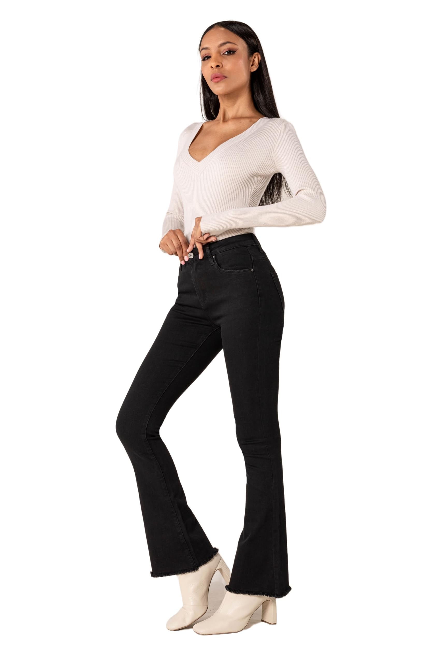 Nina Carter Jean bootcut pour femme, style rétro, taille moyenne, stretch, look usé, évasé