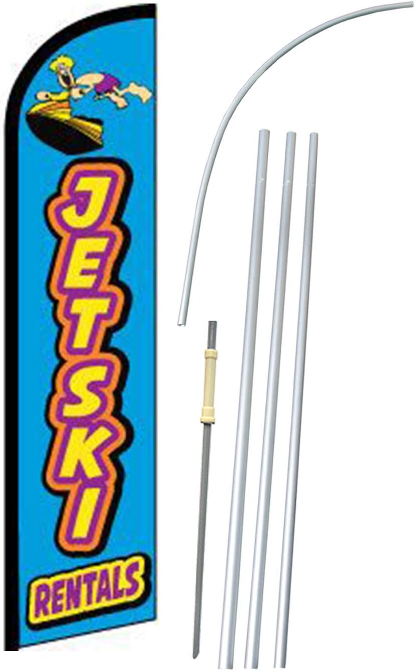 NEOPlex - "Jet Ski Rentals" Complete Windless Feather Flag Kit - Includes 12' Windless Swooper Feather Business Flag with 15-Foot Anodized Aluminum Flagpole and Ground Spike