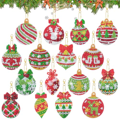 SelfTek Diamond Painting Weihnachten Anhänger - 16 Stück Diamant Painting Weihnachten für Erwachsene Doppelseitige Diamondpainting Schlüsselanhänger Weihnachtskugel für Weihnachtsbaum Deko
