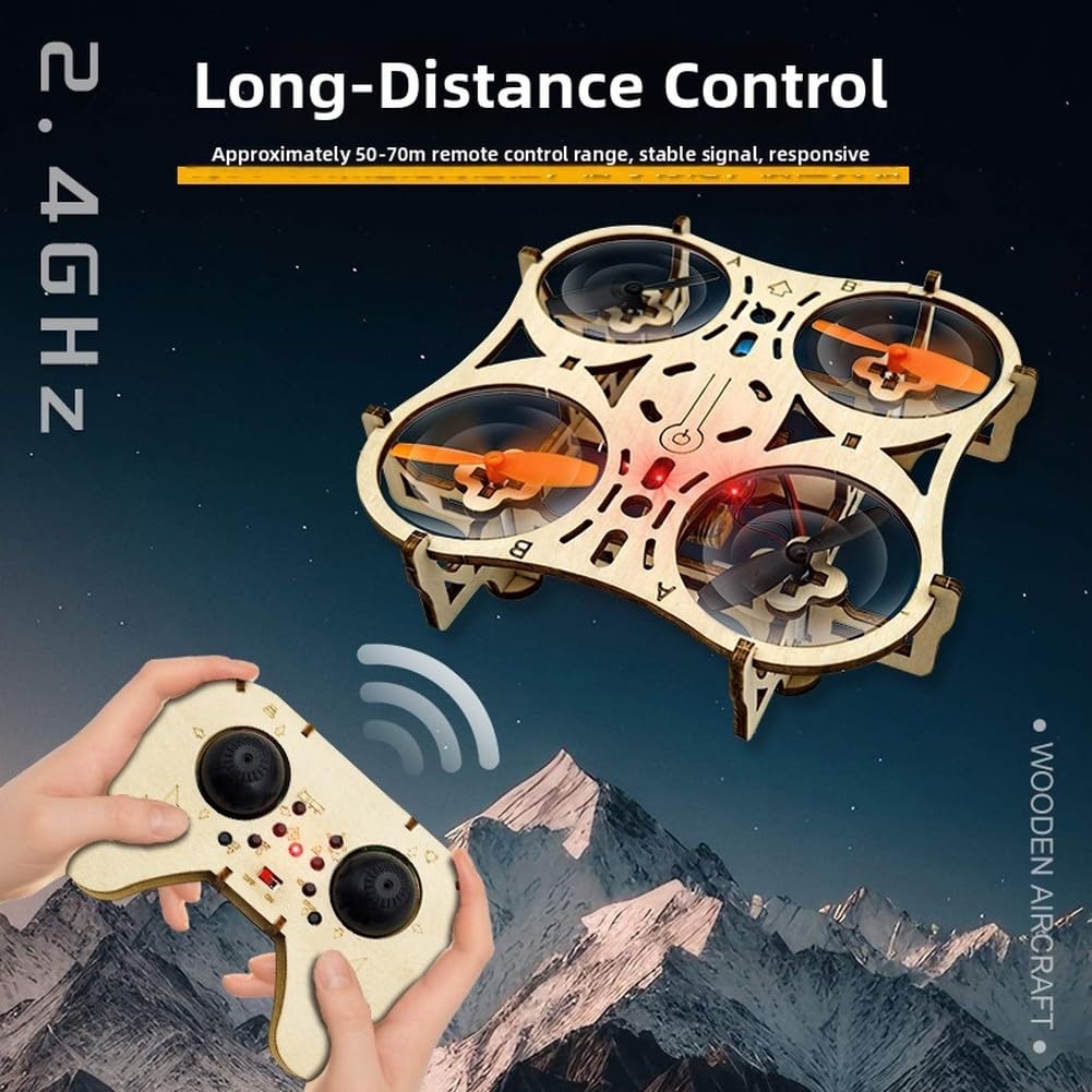 Kit quadricottero in legno fai da te con luci LED luminose e facile controllo con un pulsante per acrobazie interne e divertimento notturno