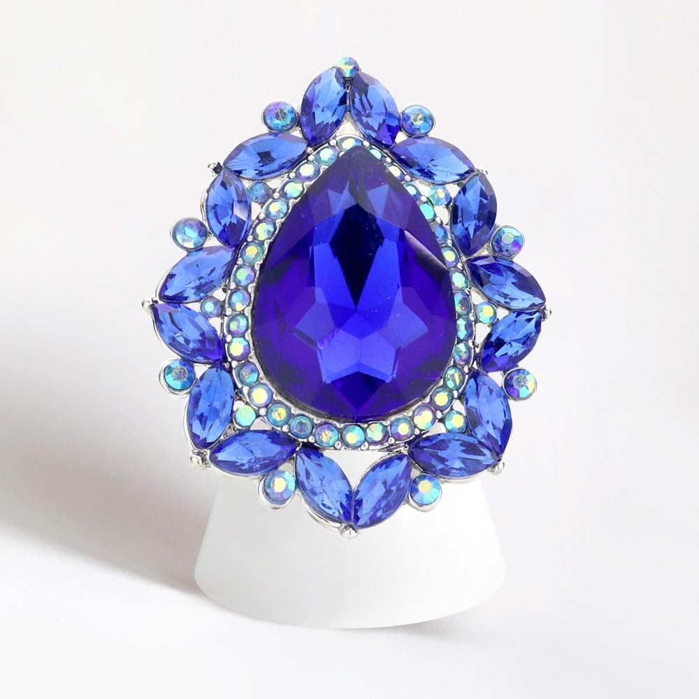 Rosemarie & Jubalee Women's Stunning Large Statement Teardrop Glass Crystal Rhinestone Stretch Band Cocktail Ring, 2"