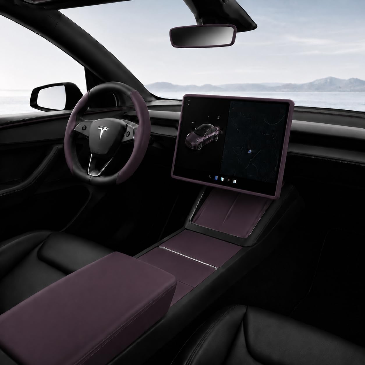 7PCS Interior Trim Kit for Model Y Juniper 2025-2026 Model 3 Highland 2024-2026, Mist Purple Console Covers, Wireless Charging Pad, Screen Frame, Cup Holder, Armrest, Mirror, Steering Cover