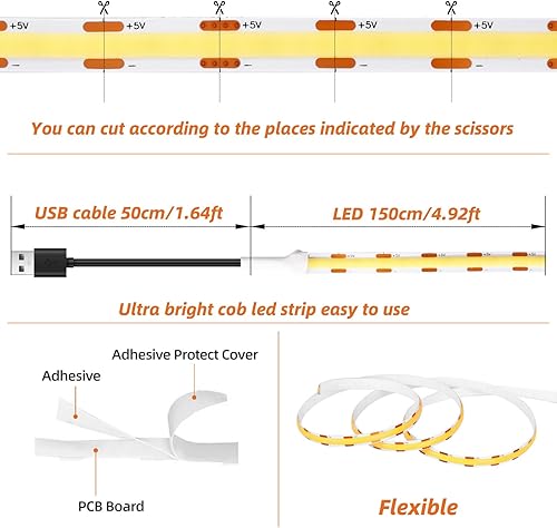 Miniatura 4 de Tira de luces LED USB, tira de luz LED COB súper brillante, cinta LED flexible de 5 V para retroiluminación LED de TV, espejos, vitrina, estante,