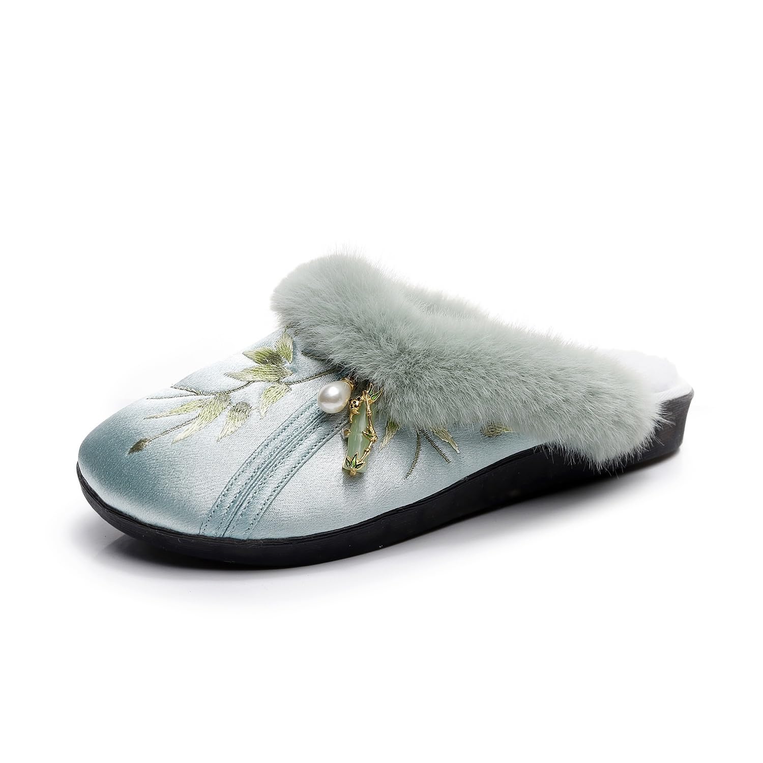 Damskie Satynowe, Futrzane Kapcie Z Haftowanymi Kwiatami Płaskie Pantofle W Stylu Chińskim Buty Qipao Ze Sztucznego Futra W Stylu Hanfu Kapcie Domowe Z Zakrytymi Palcami