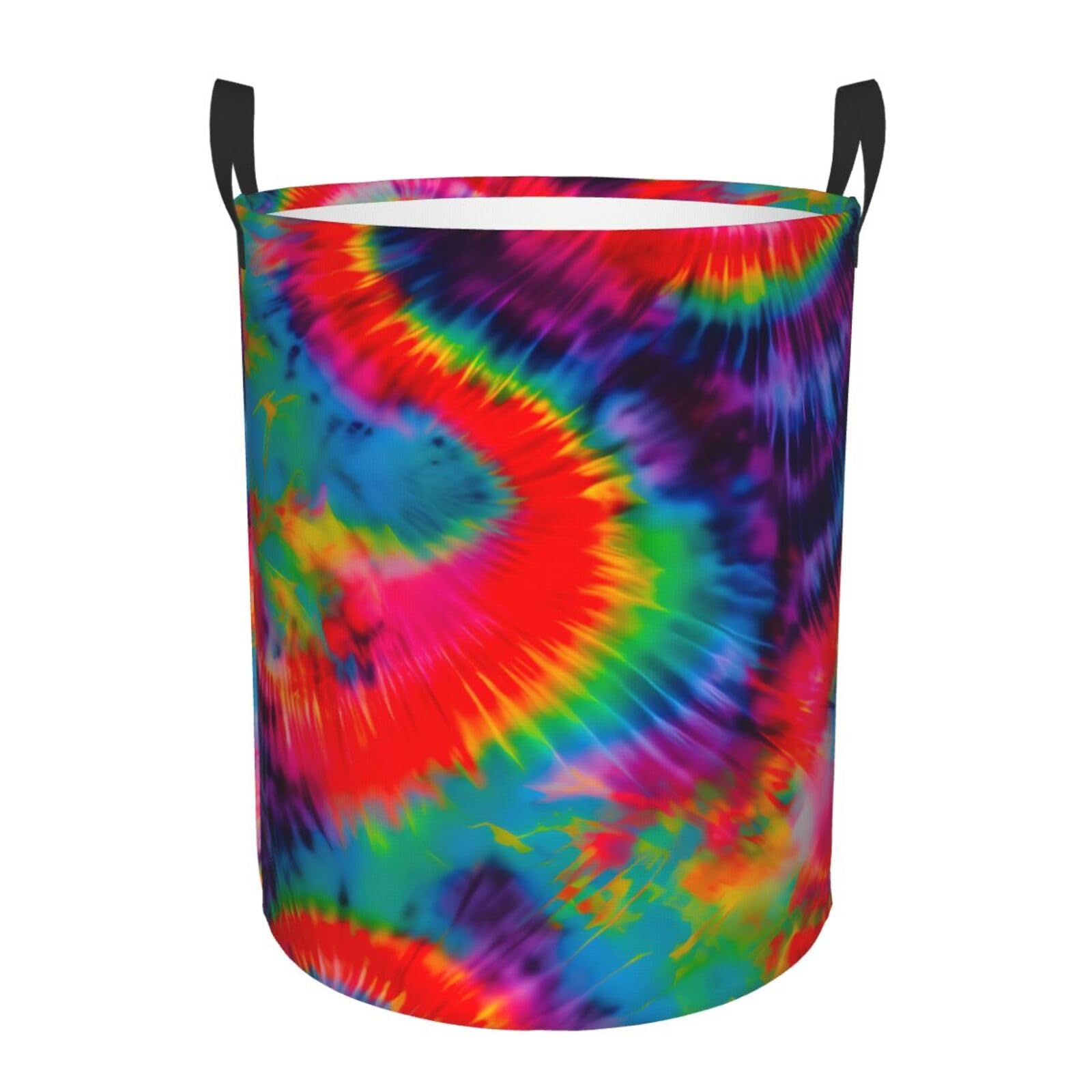 M Collapsible Laundry Hamper Round Colorful Tie Dye pattern Print Storage
