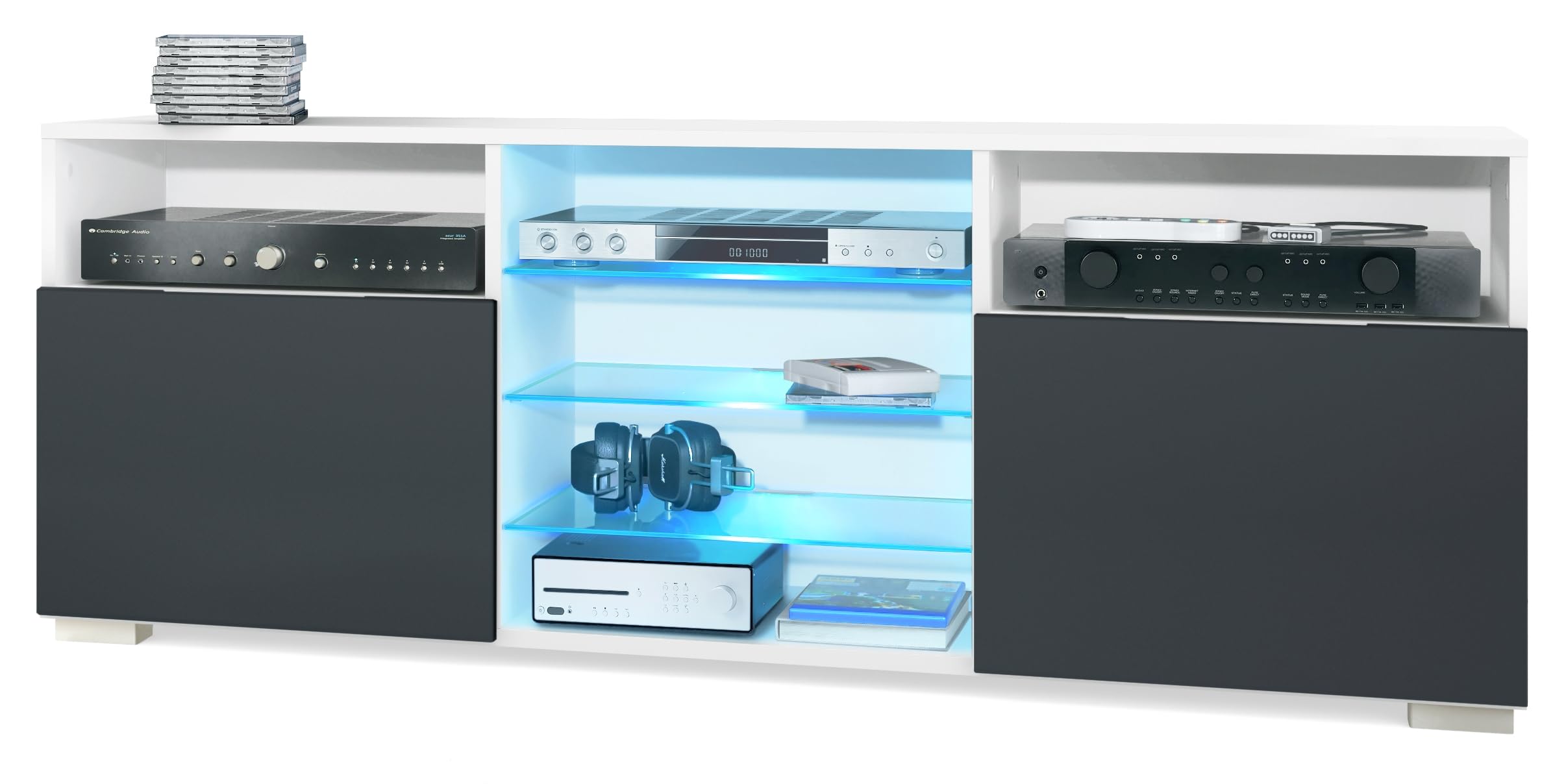 scaffetto tv con 2 porte e 6 compartimenti in bianco matto con illuminazione