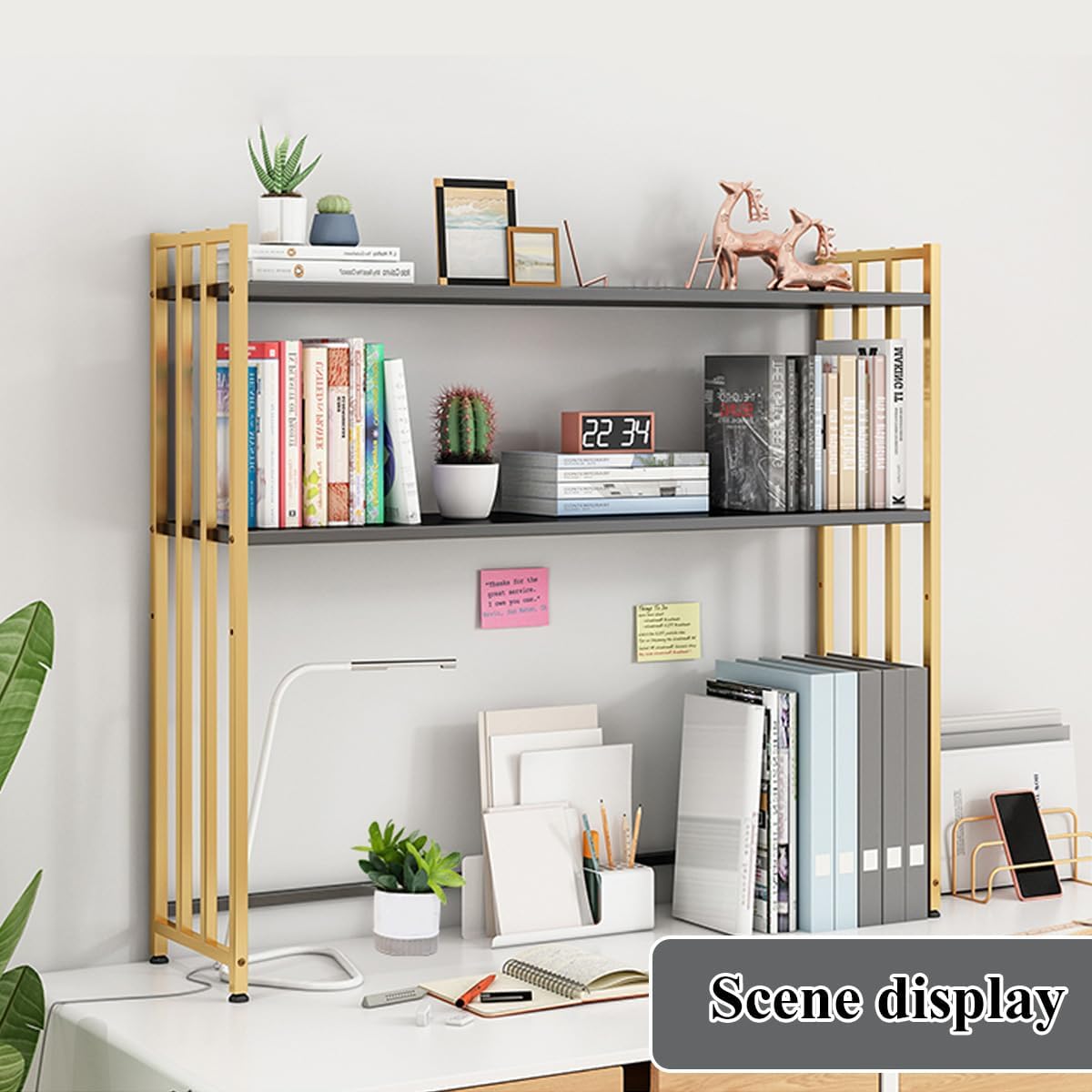 Metal Desk Hutch Dorm, 2-Tier Dorm Desk Bookshelf, Adjustable Display Rack for Home Office Dorm (Black, 55cm/21.7in)