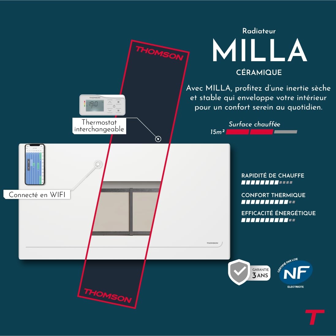 THOMSON - Radiateur électrique fixe connecté WiFi à inertie sèche céramique avec thermostat interchangeable 1500W MILLA horizontal blanc