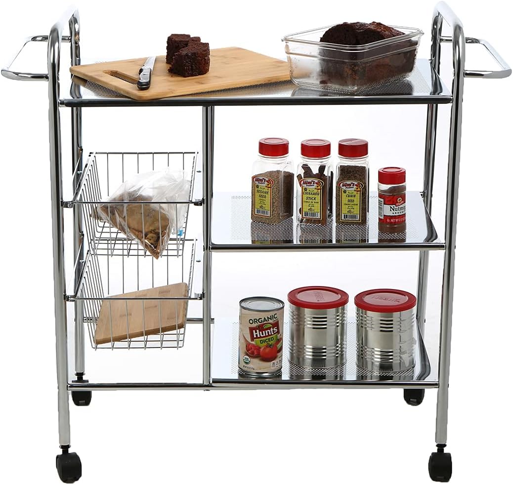 Free Shipping Over $50 Mind Reader 3-Tier Kitchen / Utility Cart with 2 Shelves, 2 Baskets For Extra Storage, Handles for Hanging Towels