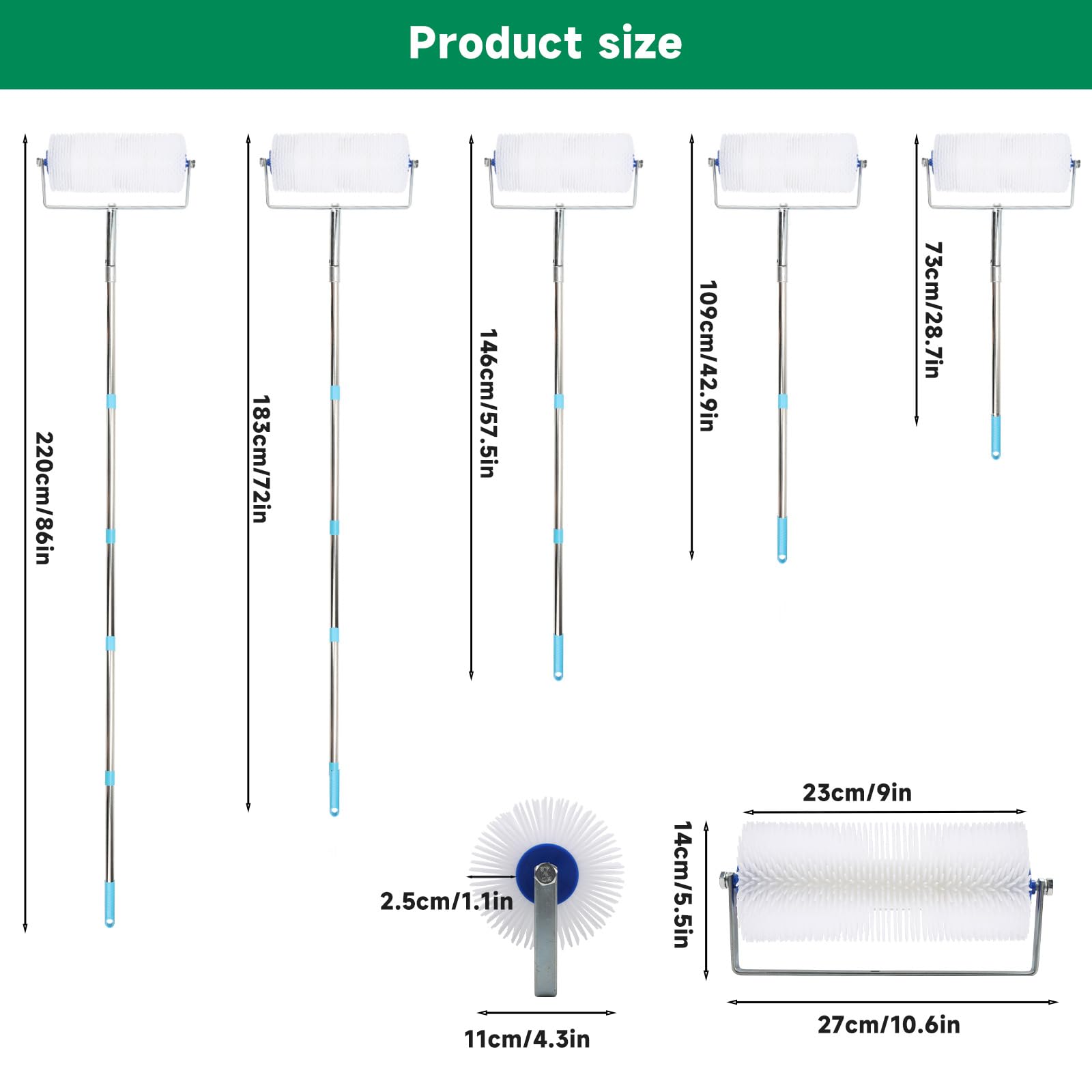 BigKing Kit d'outils pour ciment auto-nivelant, rouleau à bulles en poils en polyester de 9 in, tige télescopique de 77 in, chaussures clouées, pour composés auto-nivelants et revêtements époxy