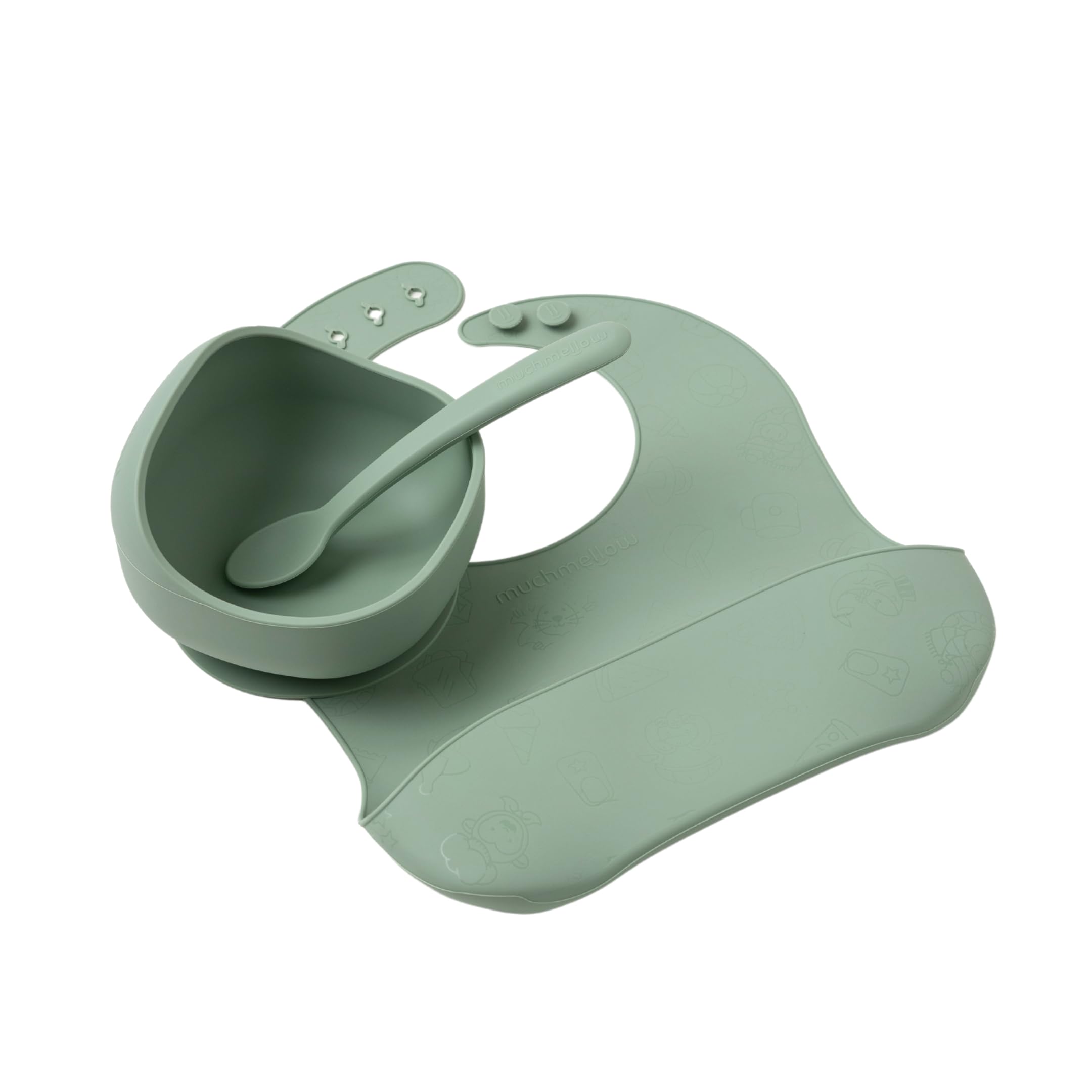 Muchmellow - Set Pappa Silicone MADE IN ITALY 3 pezzi, Ciotola con Ventosa Anticaduta, Cucchiaio, Bavaglino Regolabile, Svezzamento, Plastic Free, BPA Free, Lavabile Lavastoviglie (Verde)