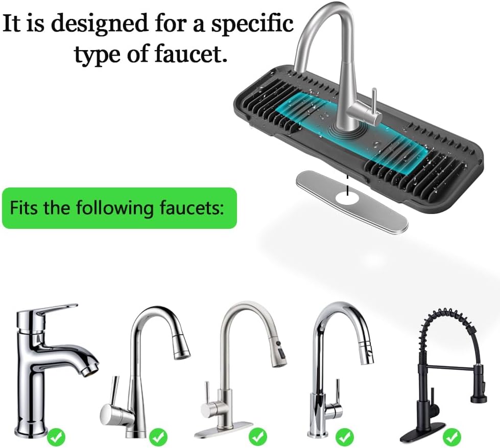 Kitchen Faucet Mat, DK-SIMINA Silicone Faucet Mat Silicone Faucet Drip Catcher with Cuttable Circular Central for Kitchen Sink, Tailor-Made for Faucets with Deck Plate【Black】