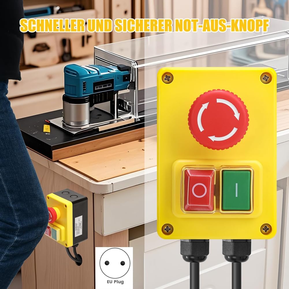 Interruptor de seguridad (220 V, monofásico con parada de emergencia, ideal para mesas de fresado y dispositivos eléctricos
